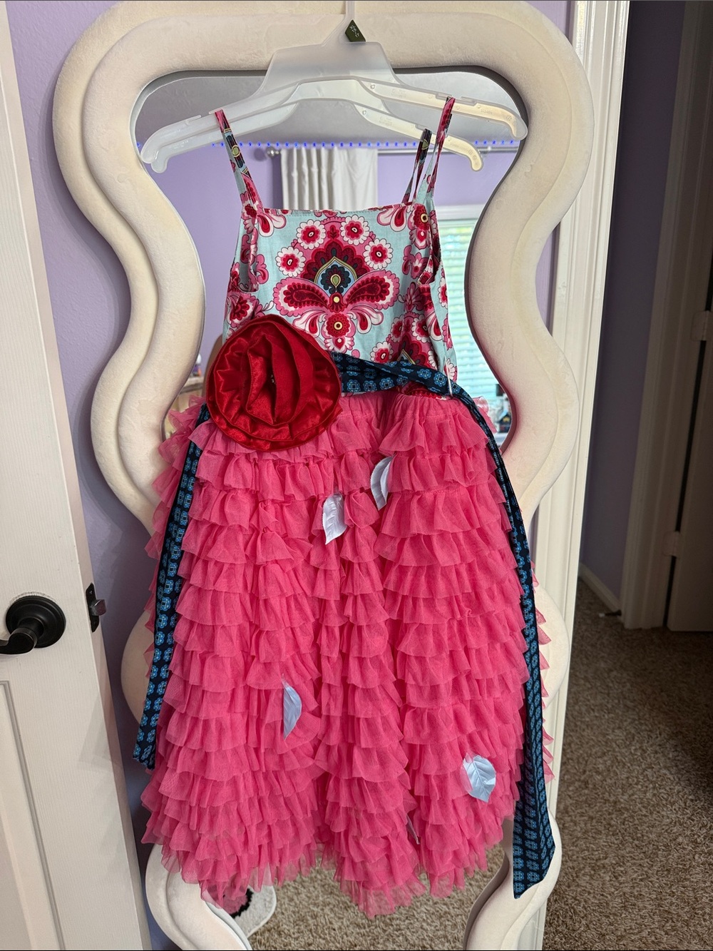 Girls Pink Floral Bodice Ruffled Formal Dress with Rosette Detail